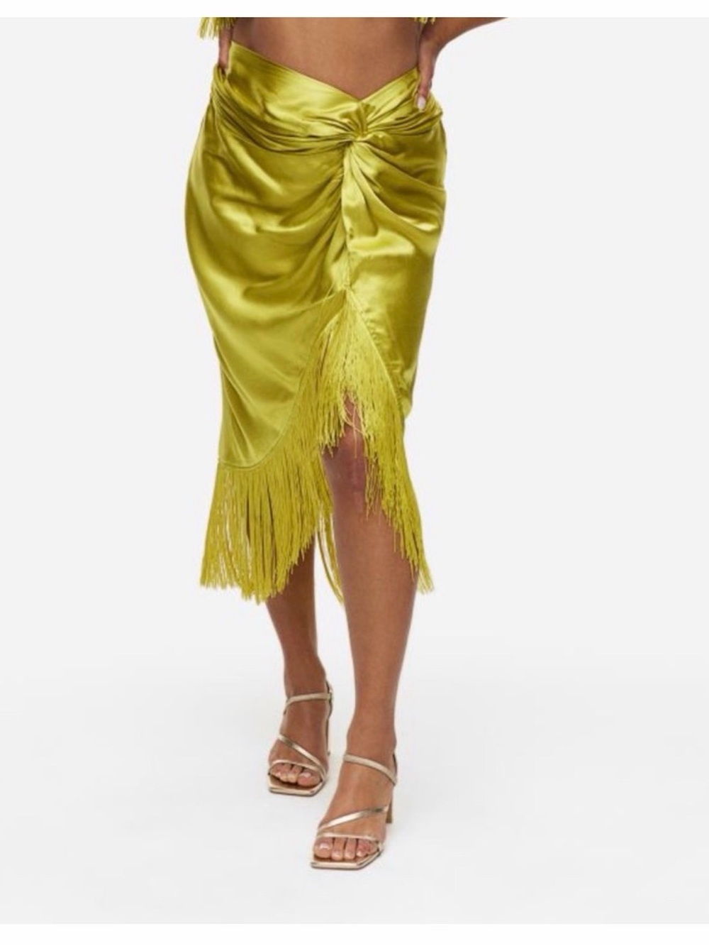 H&M Chartreuse Satin Midi Skirt with Knot and Fringe